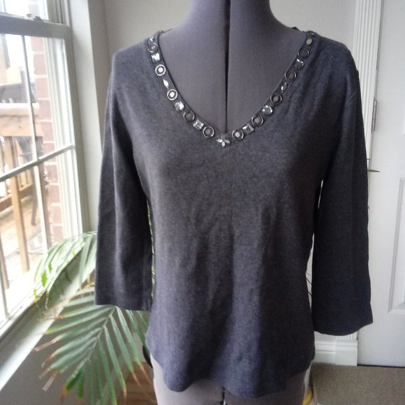 Nine West V Neck Top w./Rhinestone & Metal Accents - Picture 2 of 9